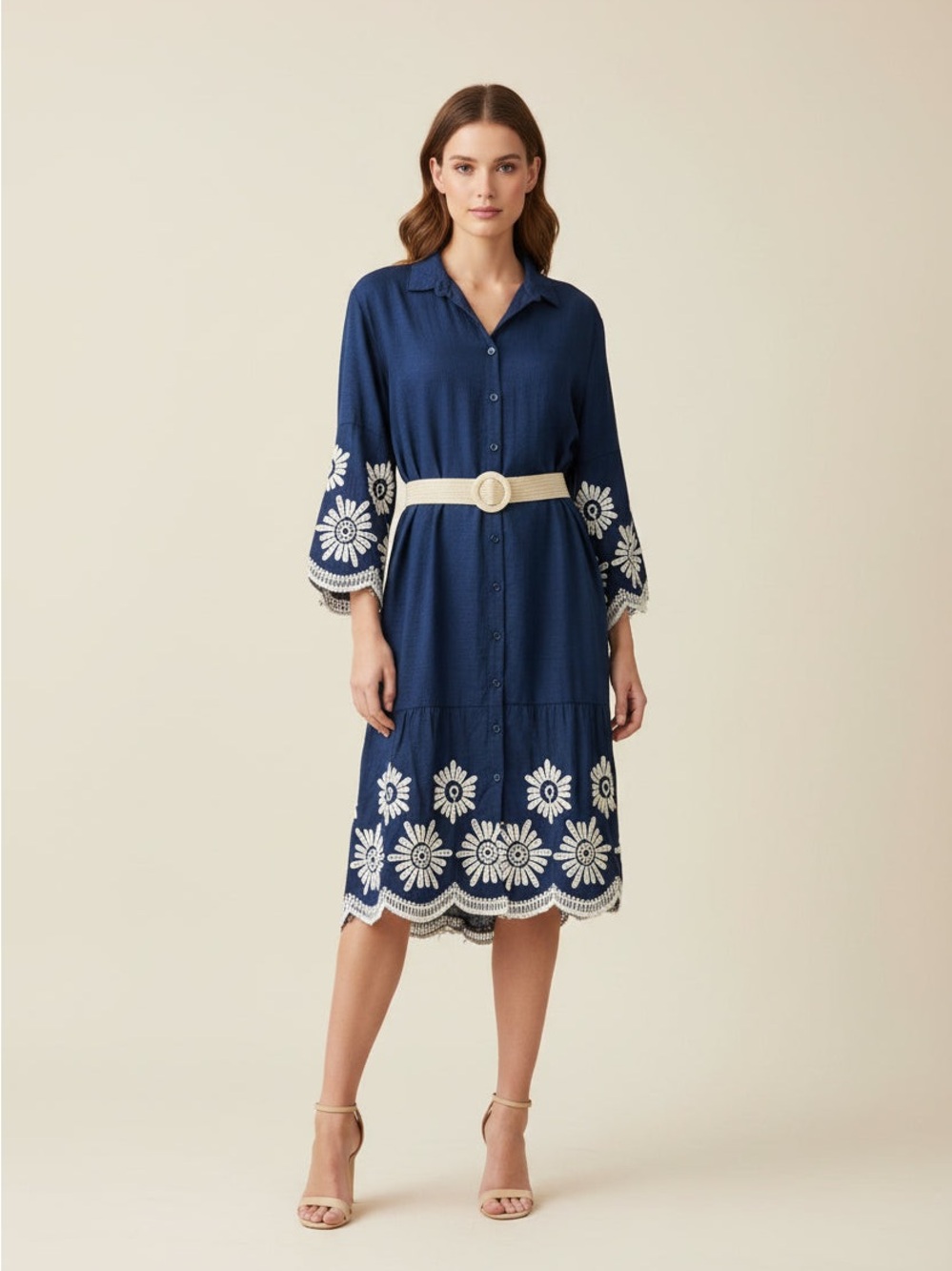 Navy Embroidered Midi Shirt Dress with Belt